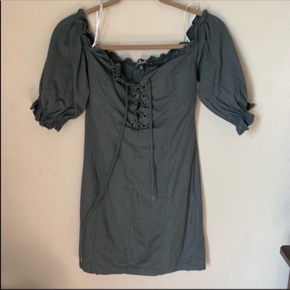 Lulus Dark Forest Green Off Shoulder Lace-up Dress - Picture 7 of 14